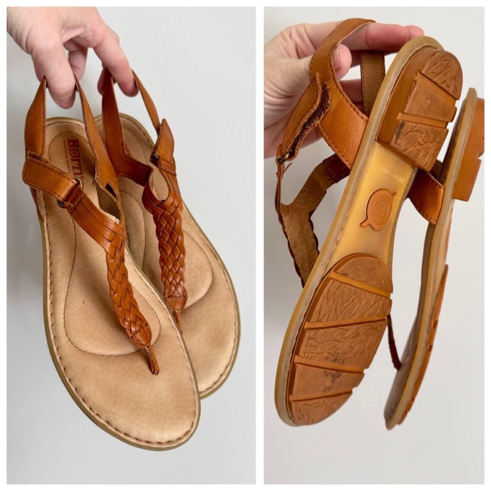 BORN Yarrow Braided Leather Ankle T-Strap Flat Sandals, Cognac Tan sz. 8M - Picture 7 of 16